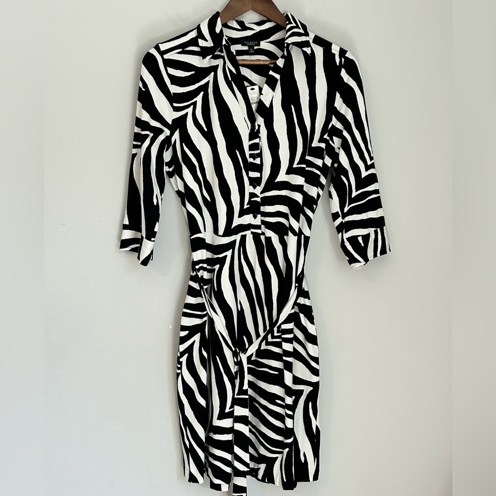 NWT Talbots Woman Petites Zebra Print Shirtdress XP | Belted 3/4 Sleeve Dress